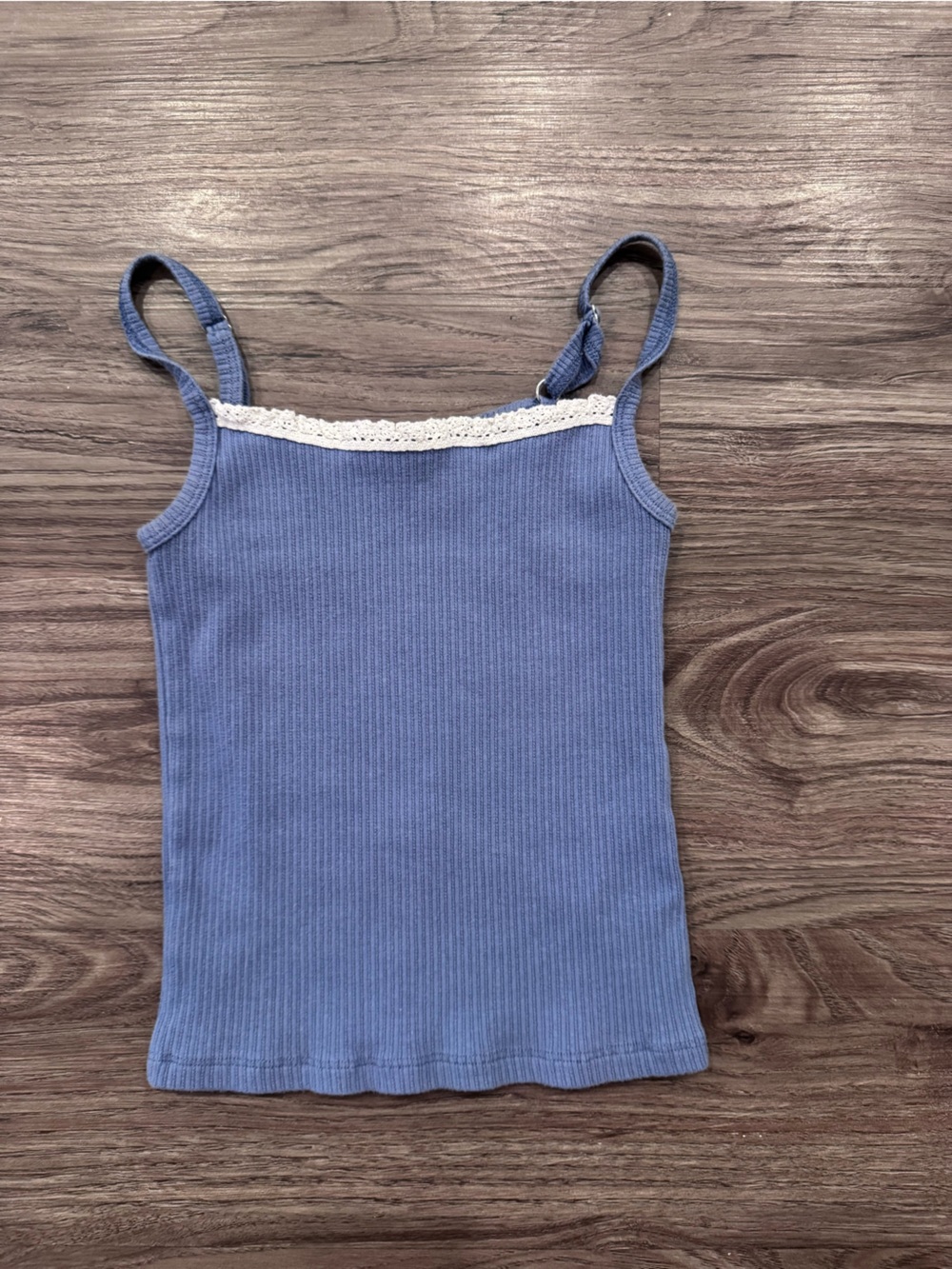 Blue Ribbed Lace Trim Tank Top